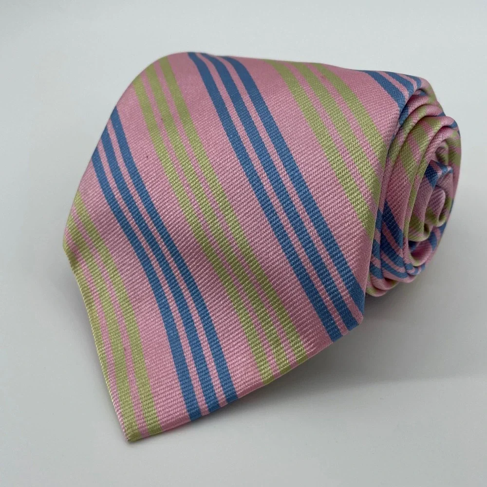 Brooks Brothers 346 Men's Silk Necktie Pink Blue Green Repp Stripe Made in USA - Picture 1 of 4